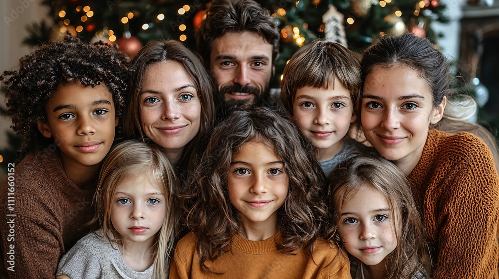 Poster a large family posing for a photo in front of a massive christmas tree at a famous landmark stock ph