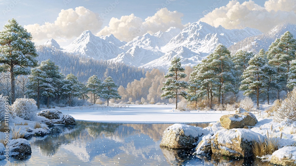 Poster an enchanting winter wonderland scene with ice skating rinks and snow-covered pine trees stock photo