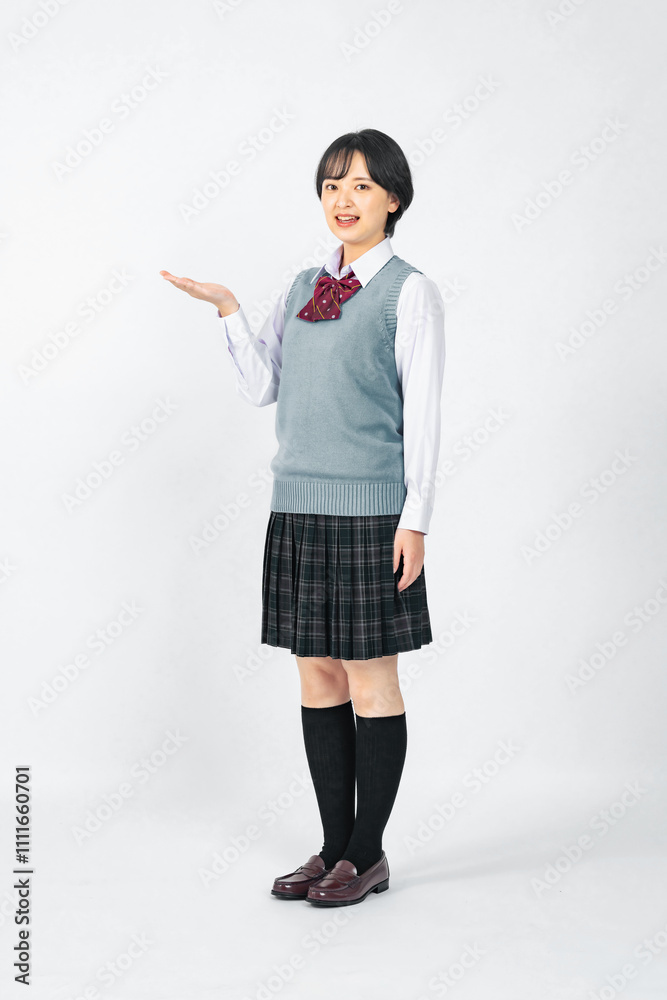 Aufkleber 女子高生、高校生、女子、全身、案内、ガイド、授業、日本人、お知らせ、おすすめ、提案、誘導、受験、受験生、予備校、塾、学習、勉強、教育、制服、文化祭、進学、進路、報告、告知、広告、見せる、指導、クラス、教室、学校、スクール、女性、ブレザー、式典、イベント、発表、レッスン、講座、生徒、学生、若い、10代、写真、切り抜き、白バック、コピースペース、建築パース、添景素材、人物