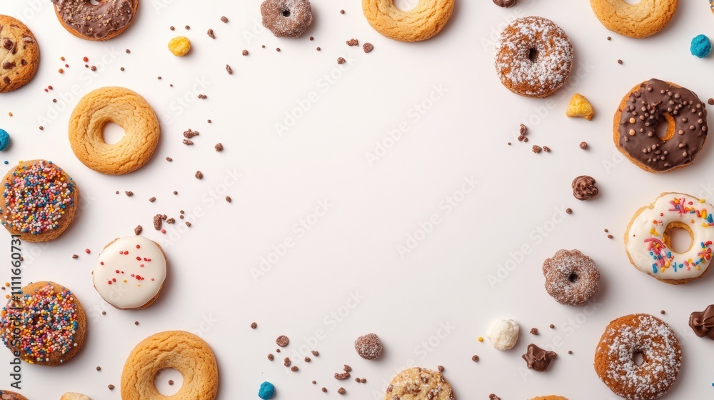 Poster An array of cookies and sweets is artfully displayed on a white surface, leaving ample room for customized text or design elements. Generative AI