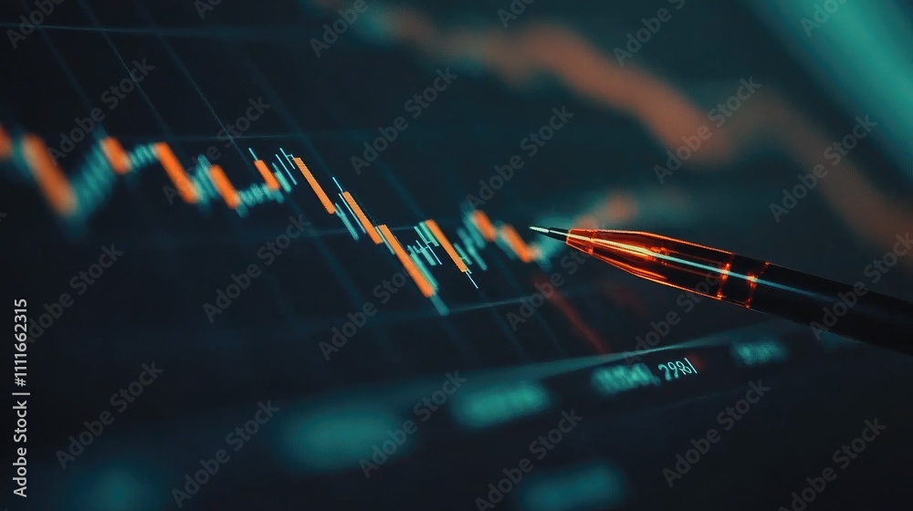 Poster a close-up of a financial chart with market trends, highlighted by an orange pen pointing to key dat