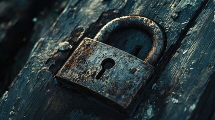 A close-up of a rusty padlock on weathered wood, evoking themes of security, protection, and the passage of time
