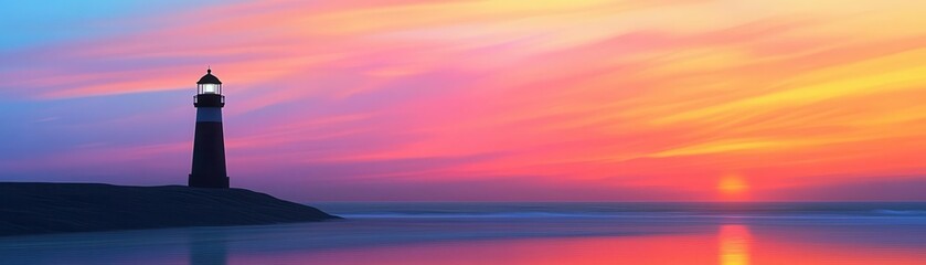 Fototapeta premium Sunset beach with a lighthouse silhouette, triadic colors washing over the horizon, animated flat scene