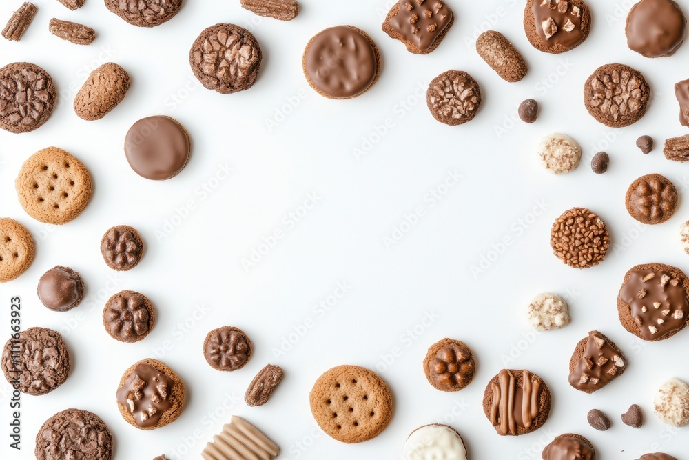 Poster A visually appealing collection of various sweets and cookies is arranged on a white backdrop, leaving space for personalized text or messages. Generative AI