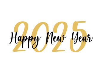 Happy New Year 2025 handwriting text design with calligraphy and gold text