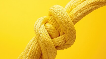 A close-up of two knots in a yellow rope, placed against a bright yellow backdrop, emphasizing their strength and detail