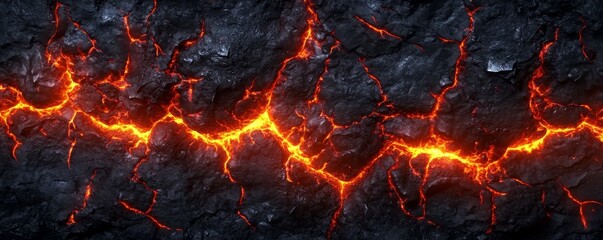 A fiery orange lava crack contrasts against dark rocky terrain, showcasing the raw power of volcanic activity.