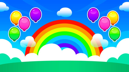 rainbow and clouds with colorful balloons