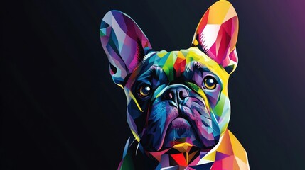 A colorful, geometric art piece featuring a French Bulldog, set against a dark background, creating a striking visual contrast