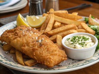 Delicious fish and chips with lemon wedges and dipping sauce