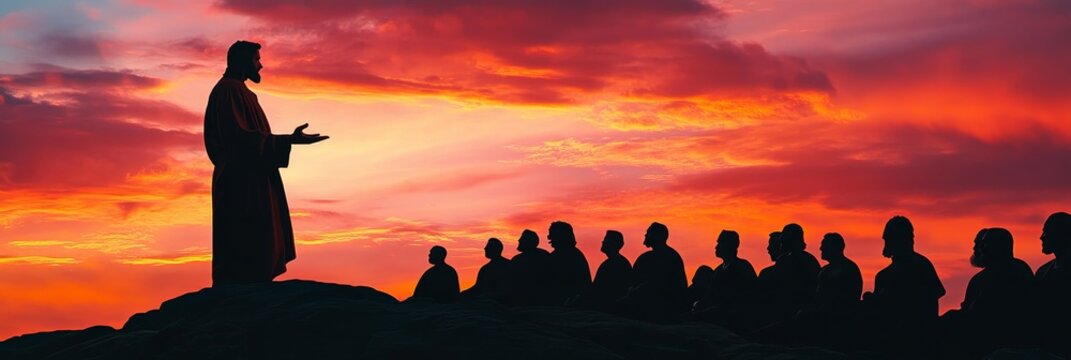 Silhouette of jesus delivering a sermon on a mountain top in biblical ministry teaching