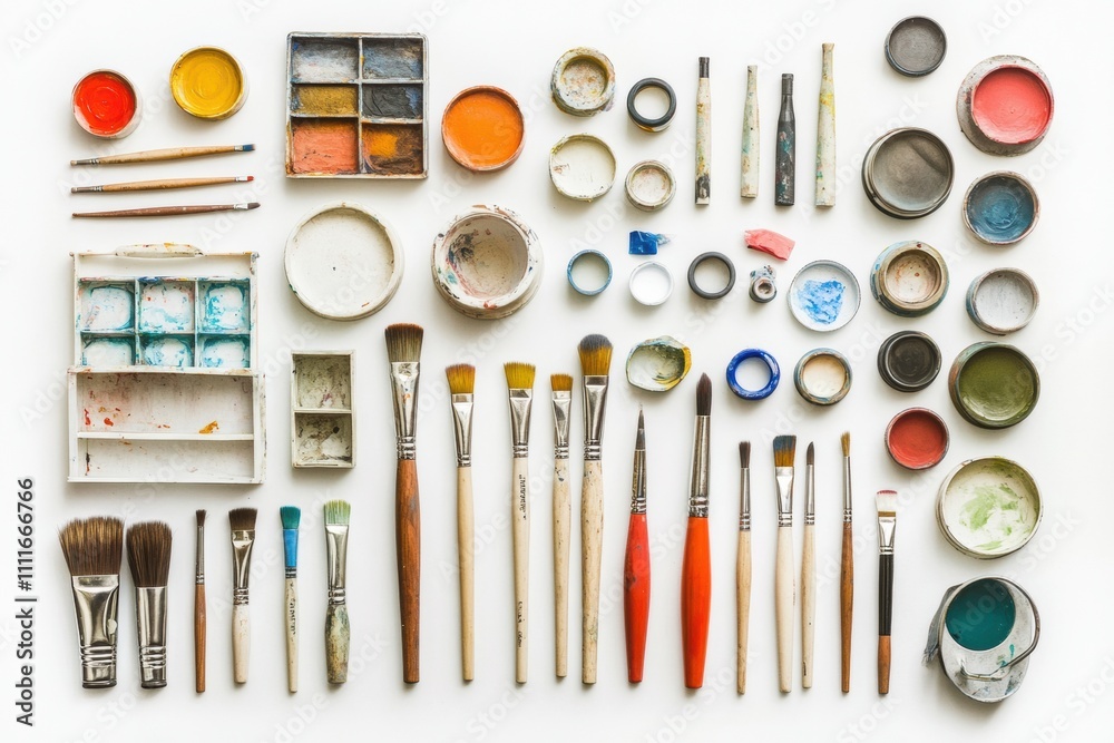 Aufkleber Hobby and DIY supplies positioned on a white background include brushes, paints, and scissors, offering a clean space for additional text or designs. Generative AI