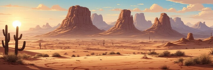 Naklejka premium Morning beautiful desert cartoon landscape