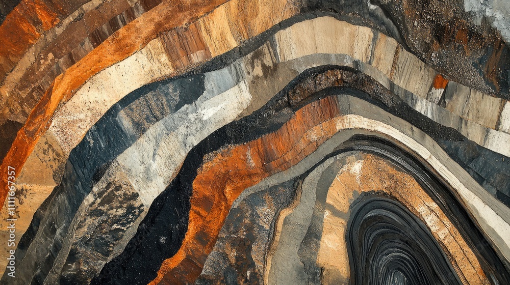 Poster a detailed aerial view of a large open-pit coal mine, capturing the layers of excavation and the imm