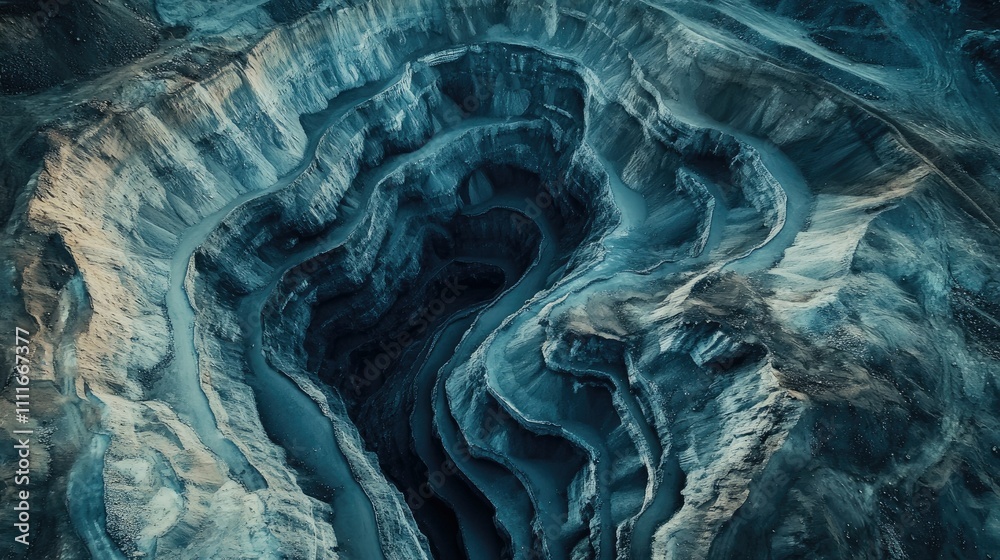 Poster a detailed aerial view of a large open-pit coal mine, capturing the layers of excavation and the imm