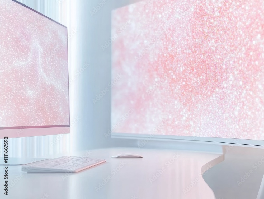 Poster Futuristic Workspace with Curved Monitor and Minimalist Design