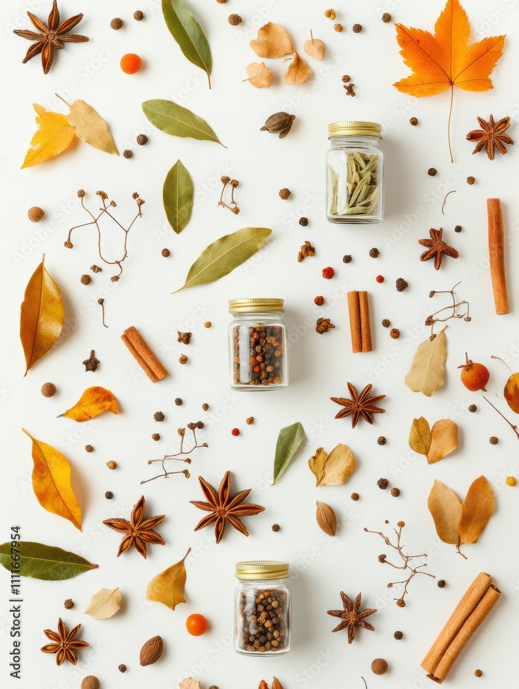 Aufkleber small jars filled with colorful spices are surrounded by bay leaves and cinnamon sticks on a white s