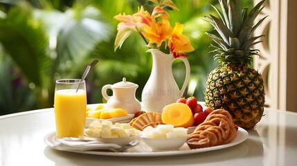 Fototapeta premium Indulge in a Tropical Breakfast Delight with a Refreshing Pineapple Smoothie and an Exotic Fruit Platter Capturing the Vibrant Flavors and Serene Ambiance of a Vacation Getaway