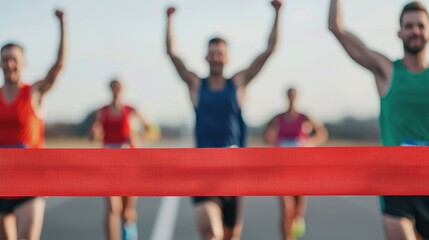 Runners crossing the marathon finish line for success. Runners celebrating a race finish at the finish line.