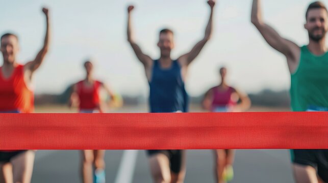 Runners crossing the marathon finish line for success. Runners celebrating a race finish at the finish line.