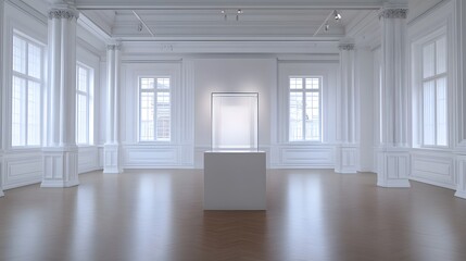 Obraz premium A simple, transparent podium in a clean, spacious room with bright, natural lighting and white walls, offering an ideal space for showcasing a small, high-end product