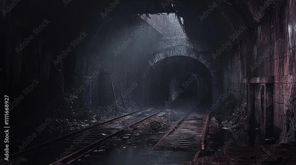 Aufkleber A foreboding railway tunnel with damp, cracked walls and partially submerged tracks leading into the distance, creating an eerie atmosphere