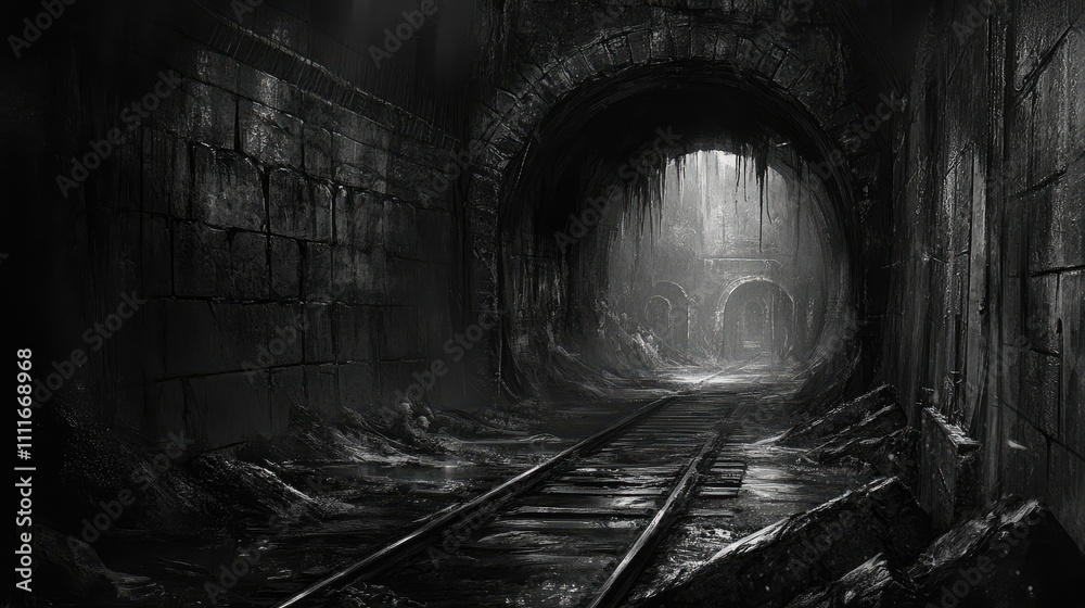Aufkleber A foreboding railway tunnel with damp, cracked walls and partially submerged tracks leading into the distance, creating an eerie atmosphere