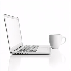 Fototapeta premium A minimalist laptop beside a white coffee mug on a reflective surface, creating a modern and clean workspace aesthetic.