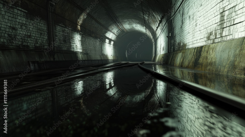 Poster a gloomy railway tunnel with submerged tracks and damp, cracked walls, reflecting the stagnant water