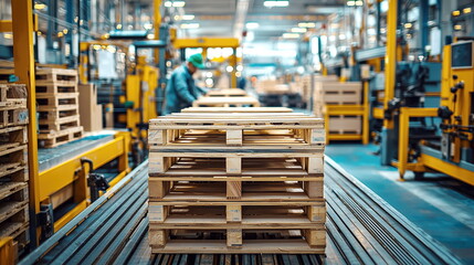 Naklejka premium A detailed shot of wooden pallets stacked neatly in a warehouse, emphasizing industrial production and organized logistics.