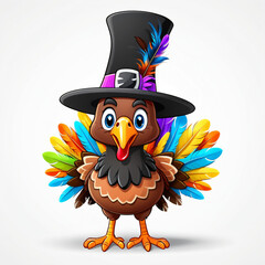 Naklejka premium Festive Cartoon Turkey with Pilgrim Hat and Vibrant Feathers – Perfect Thanksgiving Illustration
