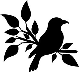 Silhouette of shrike bird sit at lush tree branch. Abstract simple bird illustration, black silhouette. 