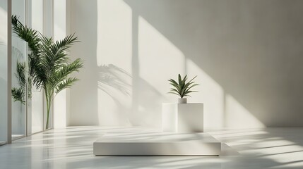 A clean, modern podium set in a vast open space with natural light pouring through high windows, creating a spacious, airy environment perfect for product showcasing
