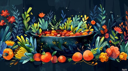 ​Haitian Independence Day. A rich, colorful depiction of Haitian cuisine surrounded by vibrant foliage and cultural details.