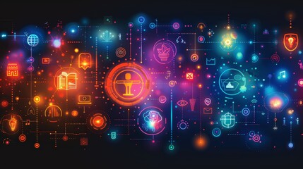 Obraz premium ​Public Domain Day. A glowing futuristic concept of a digital domain interface on a laptop screen with vibrant colors and effects.