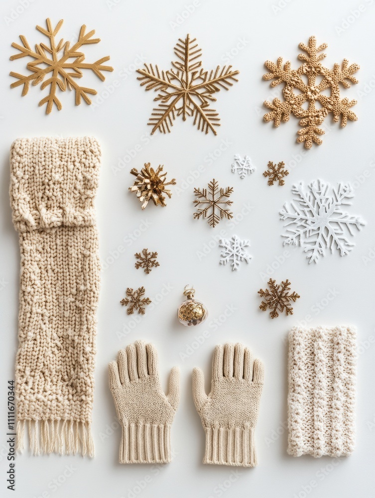 Poster soft winter accessories like gloves and a cozy scarf are arranged with decorative snowflakes on a wh