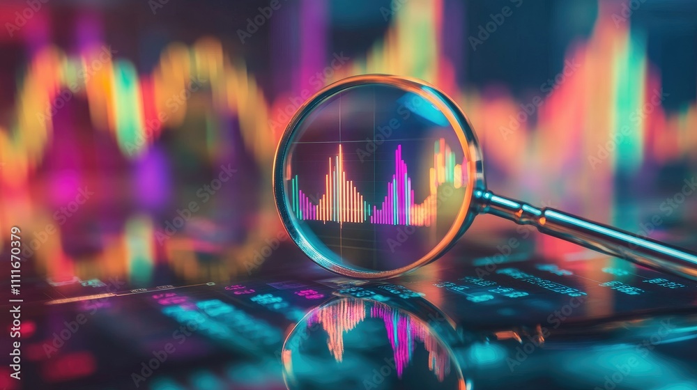 Aufkleber a magnifying glass focuses on vibrant stock charts and financial data, drawing attention to key mark