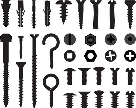 Black silhouettes of  wall plugs, bolts, nuts and screws