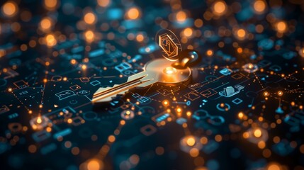 ​Public Domain Day. A golden key unlocking a digital world filled with glowing networks, symbolizing security and technology.