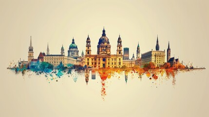 Fototapeta premium ​Public Domain Day. A vibrant watercolor skyline featuring iconic architecture blending tradition and modernity.