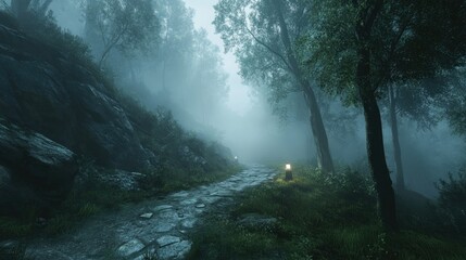 A misty, fog-covered path lined with lush trees, creating an atmosphere of calm and tranquility, beckoning exploration