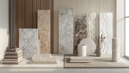 Elegant Minimalist Interior Design with Natural Stone Textures and Neutral Tones, Showcase of Various Marble and Stone Slabs in a Modern Setting