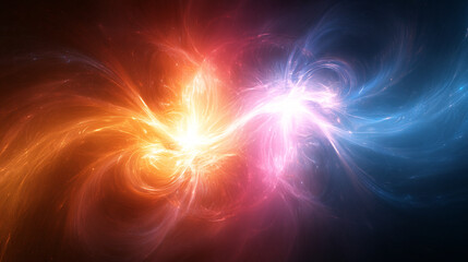 A vibrant cosmic scene featuring swirling colors of orange, pink, and blue, representing energy and the beauty of the universe.