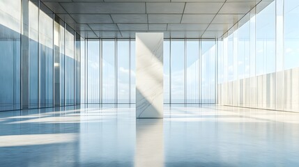 Fototapeta premium A tall, minimalist podium standing in the center of a vast, open hall with clear glass walls and lots of natural light, creating an ideal setting for luxury product presentation