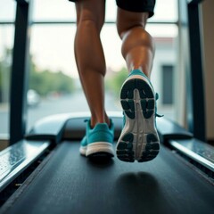 Feet in sneakers running on a treadmill close-up. A male athlete trains in the gym. Regular training sessions. Physical activity is good for your health.