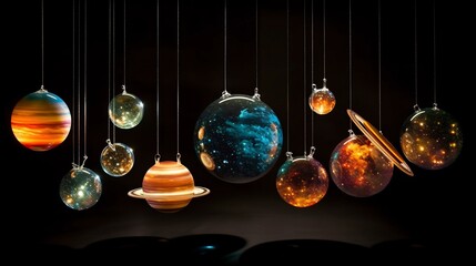 A series of New Year gifts designed like miniature planets in a glowing celestial display with orbs and spheres in a variety of colors shapes and patterns creating a modern and holiday decor