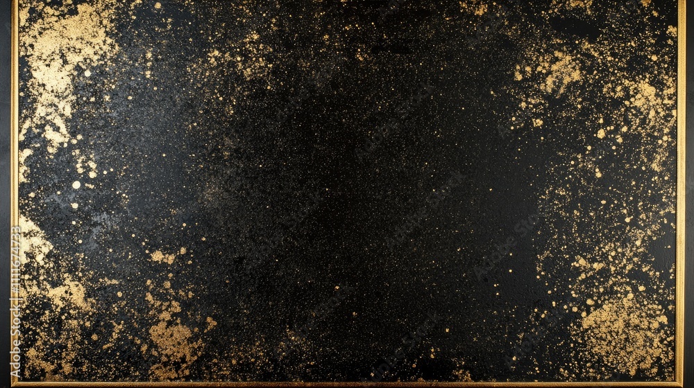 Aufkleber A shimmering black surface with golden sparkles, framed elegantly with a rectangular border for refined invitations and presentations