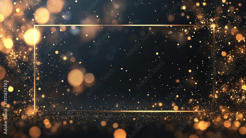 Aufkleber A shimmering black surface with golden sparkles, framed elegantly with a rectangular border for refined invitations and presentations
