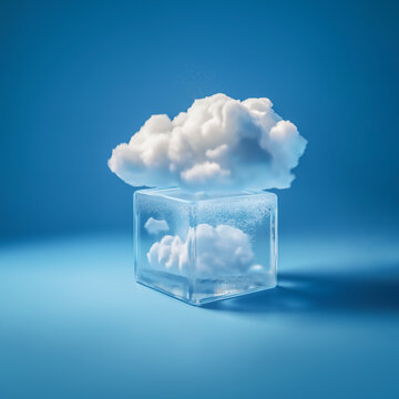 A creative white fluffy cloud with ice cubes in the style of minimal art, placed on a solid background, designed for advertising and weather forecasting purposes
