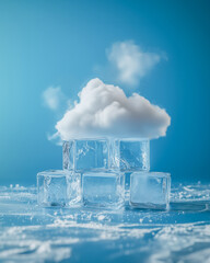 A creative white fluffy cloud with ice cubes in the style of minimal art, placed on a solid background, designed for advertising and weather forecasting purposes